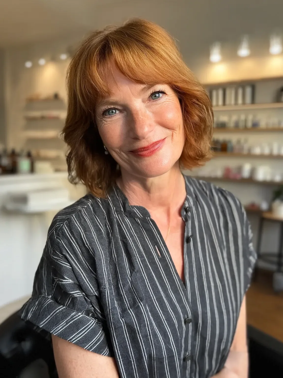 Soft Layered Copper Brown Bob with Wispy Bangs